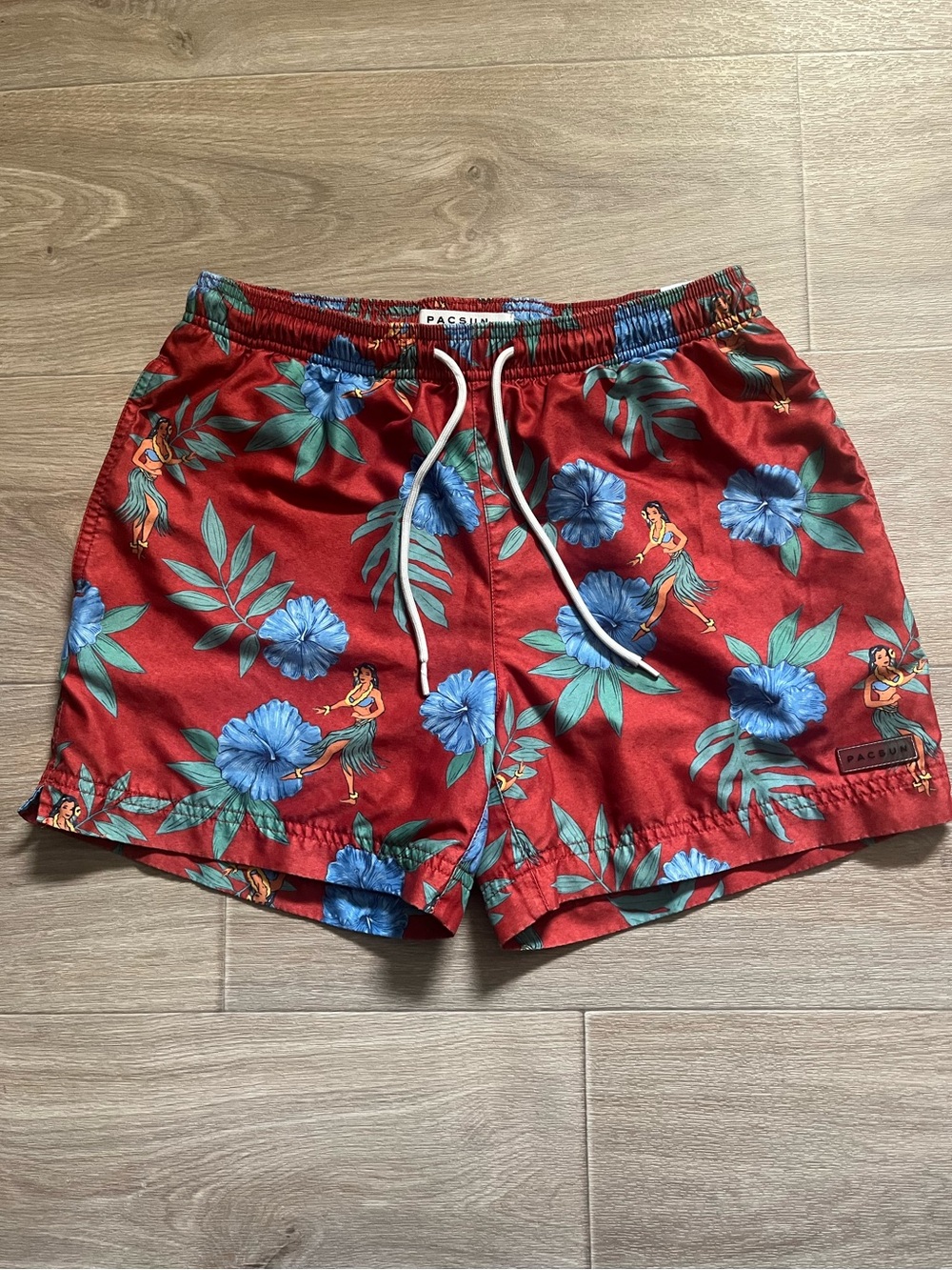 Pacsun Red & Blue Floral Hawaiian Swim Trunks - Size S